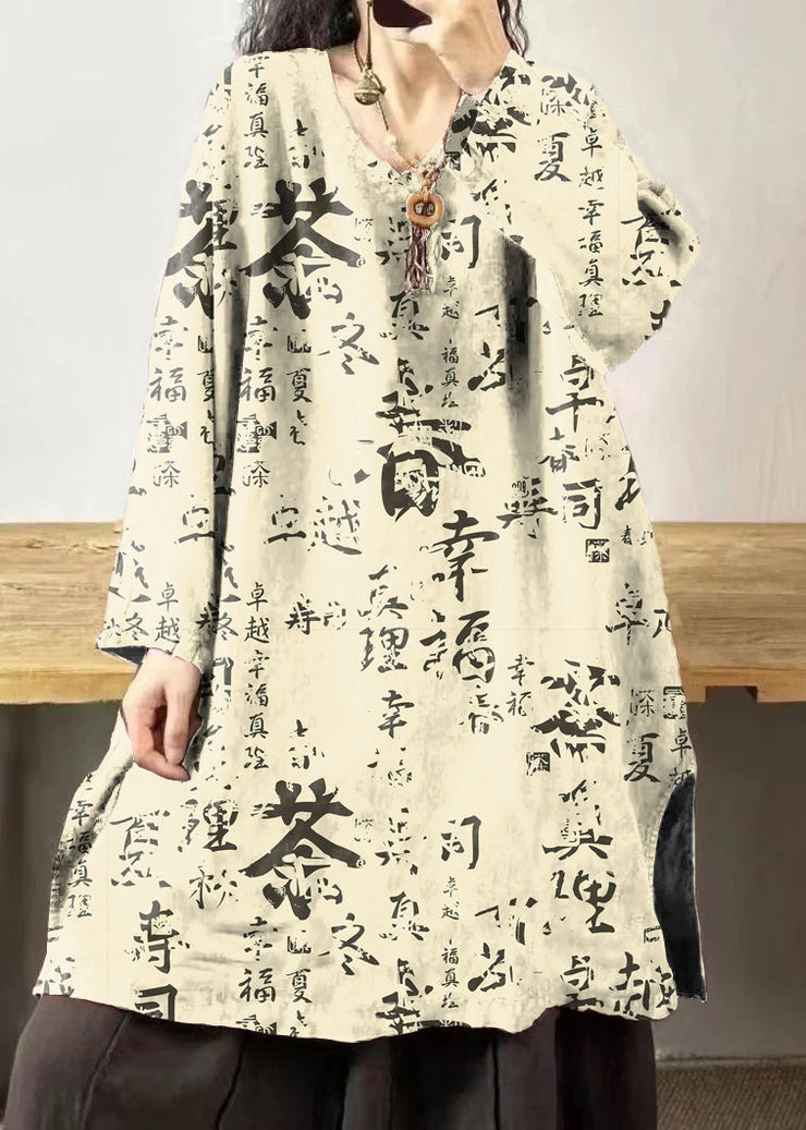Vintage black text V Neck Embroidered Patchwork Linen Mid Dresses Fall