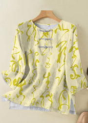 Grace Style Yellow text O-Neck Print Oriental Button Side Open Linen Shirt Top Bracelet Sleeve