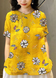 Chinese Style Yellow hand drawn flowers O-Neck Embroidered Linen Tops Short Sleeve