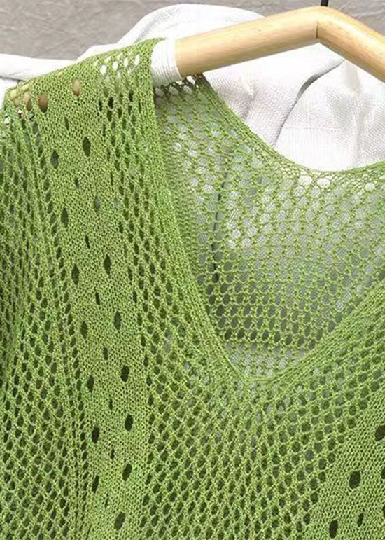 Grace Green V Neck Tasseled Hollow Out Knit Dress Summer