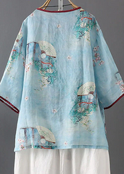 Grace Blue Patchwork Print Linen Shirt Tops Spring