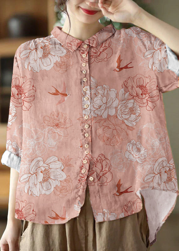 Simple Pink-flower Peter Pan Collar Print Button Cotton Blouse Tops Long Sleeve