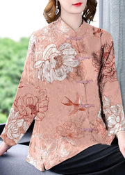 Original Blue-dragon Mandarin Collar Button Floral Print Silk Coats Long Sleeve