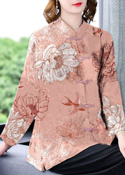 Original Black Mandarin Collar Button Floral Print Silk Coats Long Sleeve