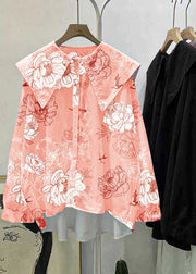 Bohemian pink-flower Peter Pan Collar Button asymmetrical design Fall Long sleeve Top