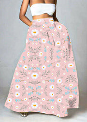 Bohemian Pink-flower High Waist Pockets Floral Print Cotton A Line Skirt Summer