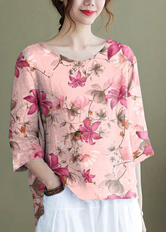 DIY Pink flower Embroidered side open Half Sleeve Top