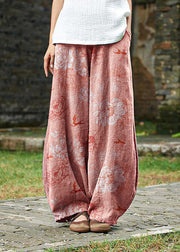 2024 cotton and linen women's Chinese style ramie wild pants yoga pink-flower pants