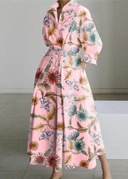 2024 Pink-flower Peter Pan Collar Pockets Cotton Dress Long Sleeve
