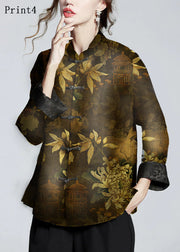 Chinese Style Red flower Stand Collar Button Print Silk Coats Long Sleeve