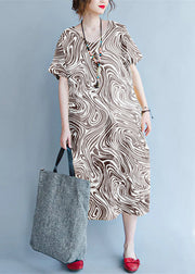 women brown Midi linen dresses trendy plus size traveling clothing vintage back open floral cotton dresses