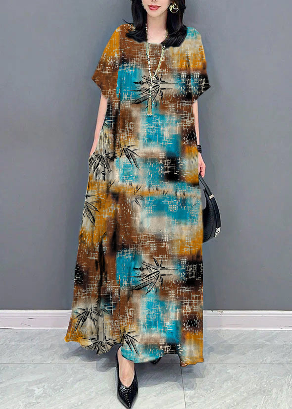 Bohemian Green O Neck Pockets Print Patchwork Silk Long Dresses Summer