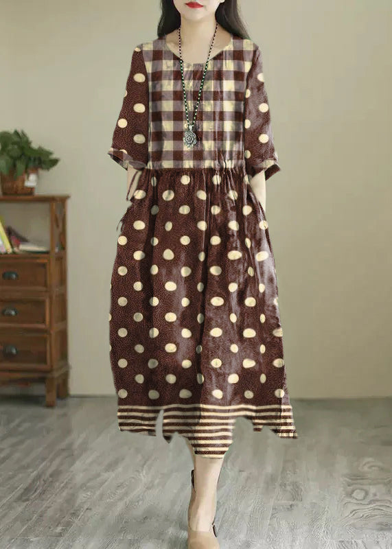 Vintage Brown geometry O-Neck Print Wrinkled Long Dress Summer