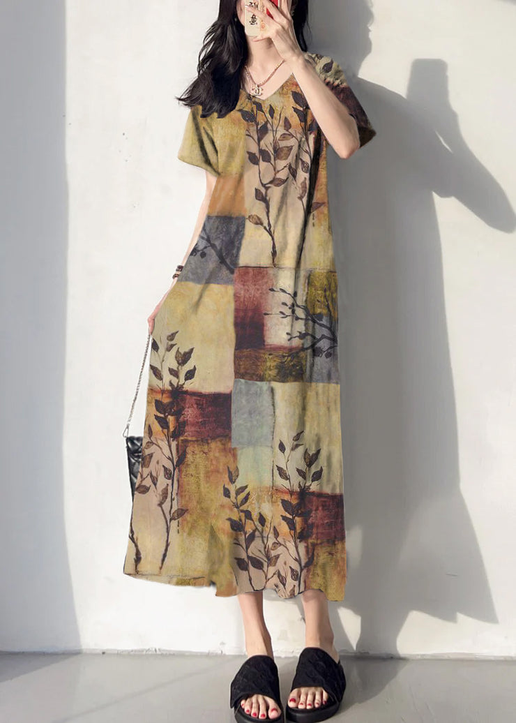 Loose Brown geometric tie dye V Neck Patchwork Cotton Long Dress Summer