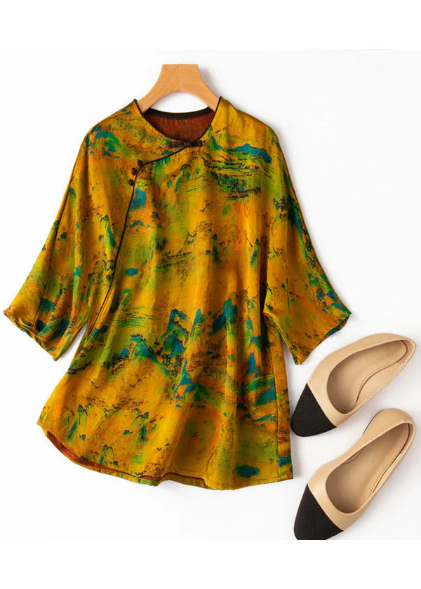 Grace Yellow O-Neck Button Print Silk T Shirt Half Sleeve