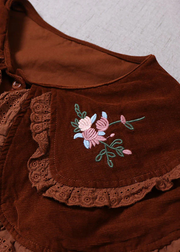 Grace Chocolate Embroideried Button Corduroy Blouses Spring