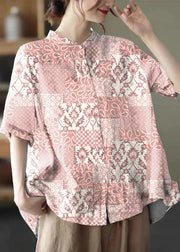 Pink Geometry Print Cotton Shirts Low High Design Short Sleeve