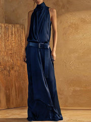 Blue Flowers Elegant Plain High Neck Sleeveless Loose Maxi Tank Dress