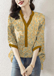 Plus Size Yellow cashew nuts V Neck Print Button Silk Top Half Sleeve