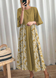 Beautiful Yellow cashew nuts linen cotton quilting clothes flare sleeve Bow Art summer Dress