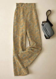 Elegant Yellow-cashew High Waist Button Linen Straigh Pants Summer