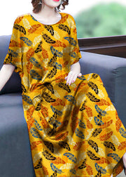 Yellow-Cashew Print Silk Long Dress Oversized Pockets Wrinkled Summer