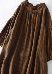 Coffee Plaid Patchwork Linen Dress Ruffled Button Grace