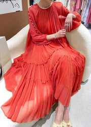 Elegant Red Nail bead Ruffled Silk Dress 2025