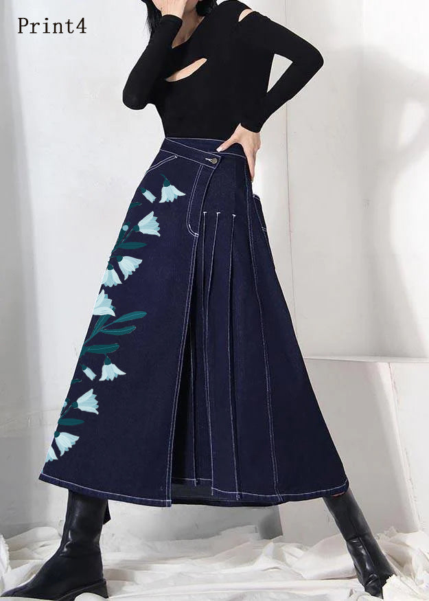 Boho denim blue-print1 zippered asymmetrical design Summer Skirt