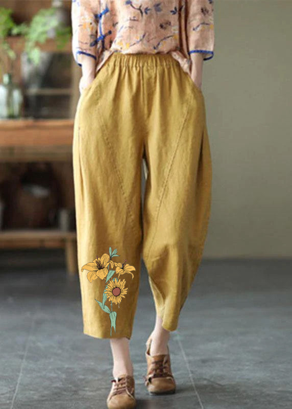 Natural yellow-half pattern Elastic Waist Summer Linen Harem Pants