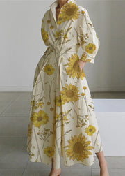 2022 Apricot flowers Peter Pan Collar Pockets Cotton Dress Long Sleeve