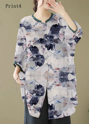 Print1 Linen Shirt Dresses O-Neck Oversized Lantern Sleeve