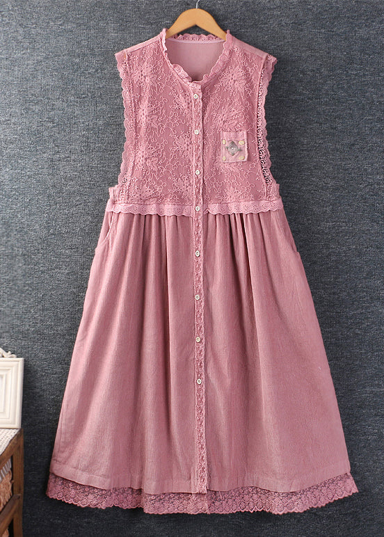 Grace Pink Ruffled Pockets Lace Patchwork Corduroy Dress Sleeveless