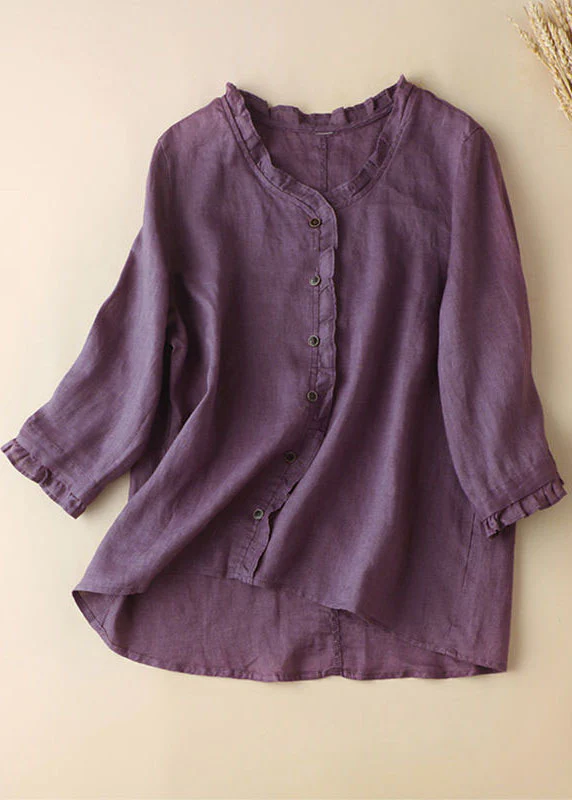 Grace Purple Ruffled Button Tops Half Sleeve