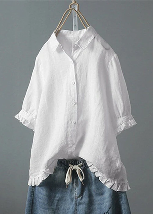 Grace White Ruffled Button Solid Cotton Shirt Summer