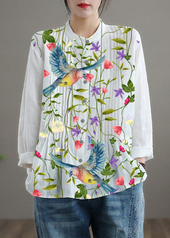Organic White-flower Linen Shirt Tunics Women Ramie Blouse