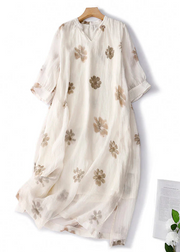 Grace Apricot V Neck Print Linen Long Dresses Summer