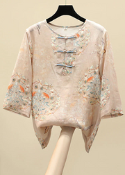 Grace Apricot O-Neck Print Oriental Button Side Open Linen Tops Half Sleeve