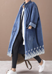 French Denim Blue Plus Size Box Coat Mantel mit Kordelzug und Stehkragen