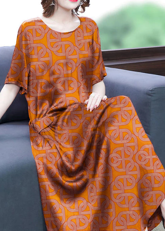 Orange - Geometry Print Silk Long Dress Oversized Pockets Wrinkled Summer