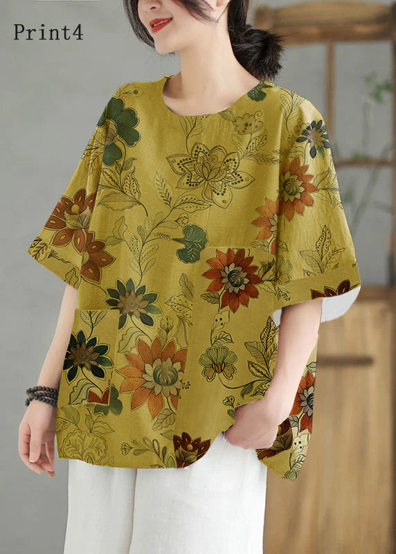 Women Print3  O Neck Print Patchwork Linen T Shirt Top Summer