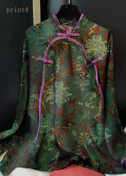 Elegant Green-Print2 Stand Collar Patchwork Jacquard side open Silk Shirts Long Sleeved