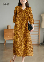 Print4 Loose Linen Long Dresses Button Solid Half Sleeve