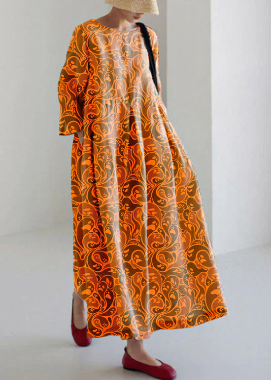 Apricot-pumpkin Cotton Dresses Pockets Patchwork Spring