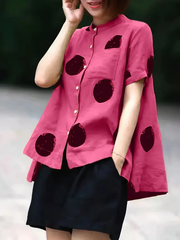 Pink dot Print Patchwork Linen Top Button Stand Collar Summer