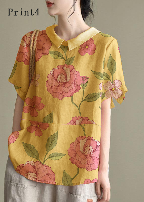 Simple Print5 Peter Pan Collar Patchwork Summer Linen Blouses