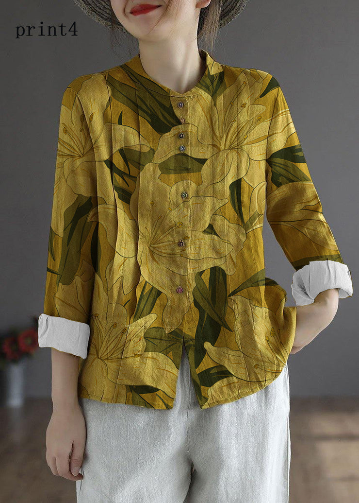 Women Yellow-floral3 Elegant Button Fall Top Long Sleeve Linen