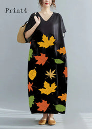 Loose Black-print3 V Neck Oversized Leaf Print Chiffon Long Dress Short Sleeve