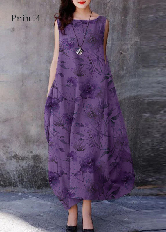 Bohemian Purple O-Neck Exra Large Hem Cotton Dresses Sleeveless