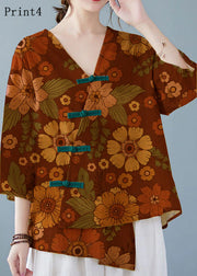 Yellow-Print4 Button Shirt Tops Asymmetrical Half Sleeve